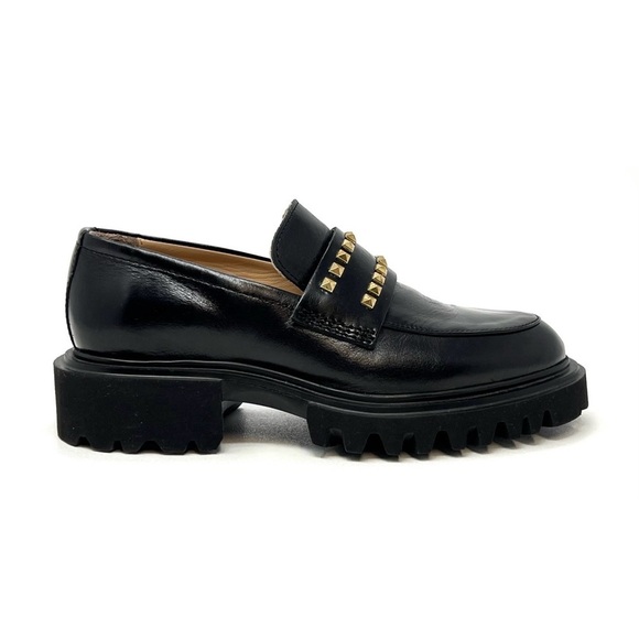Allsaints Lola Studded Apron Toe Loafers Women's Size 6 Black Leather Gold Stud - Picture 3 of 14